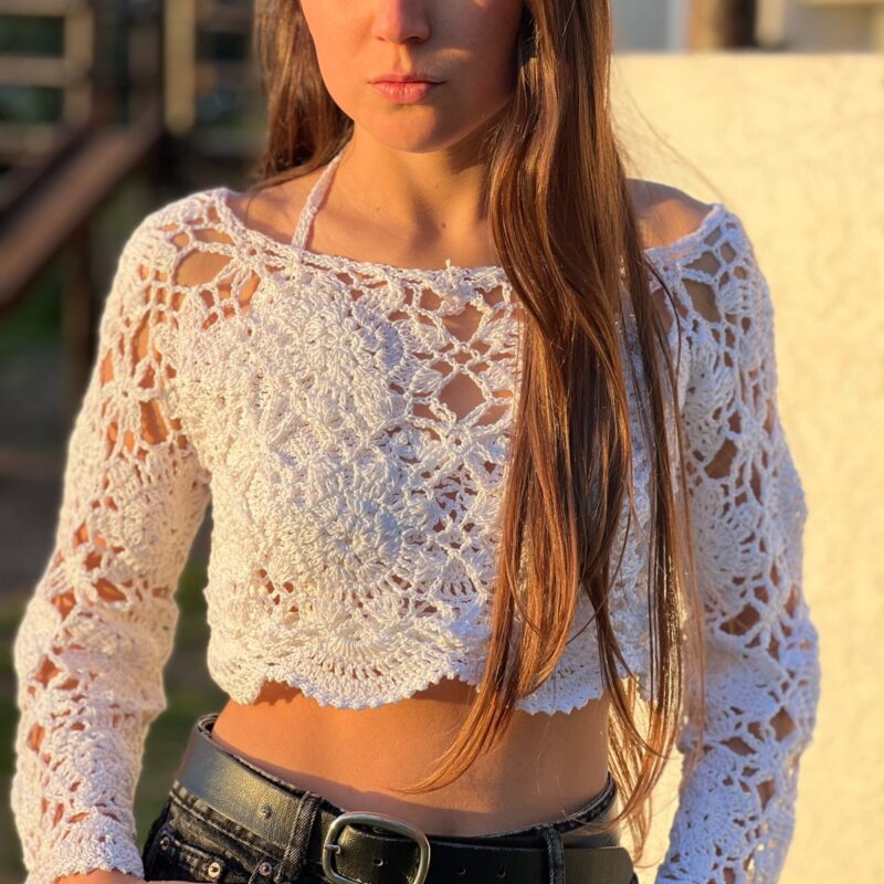 Top crop de encaje, manga larga blanco